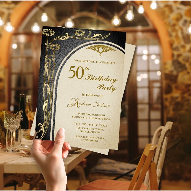 Invitación Elegante Art Nouveau Black & Gold Floral Cumpleaño (Elegant Art Nouveau Black & Gold Floral Birthday Invitation)