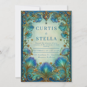 Invitación Elegante Art Nouveau Floral Teal Antiguo Casamient
