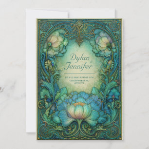Invitación Elegante Art Nouveau Floral Teal Antiguo Matrimoni