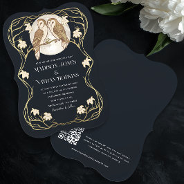 Invitación Elegante Art Nouveau Owls Boda de código QR