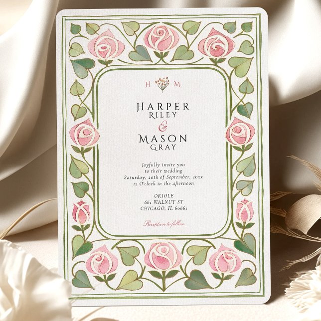 Invitación Elegante Art Nouveau Pink Rose Garden Wedding (Subido por el creador)