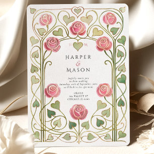 Invitación Elegante Art Nouveau Pink Rose Garden Wedding