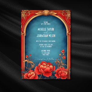 Invitación Elegante Art Nouveau Rojo Peonies Mucha