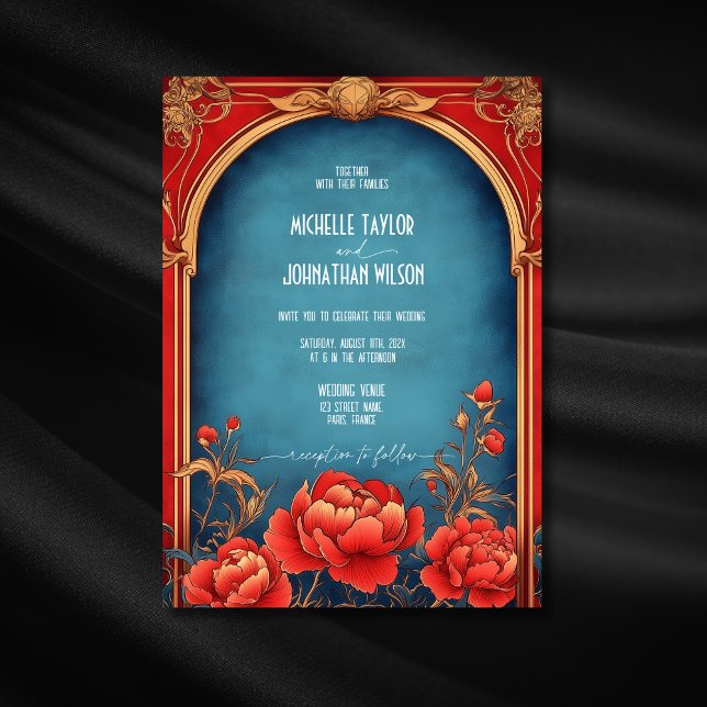 Invitación Elegante Art Nouveau Rojo Peonies Mucha (Subido por el creador)