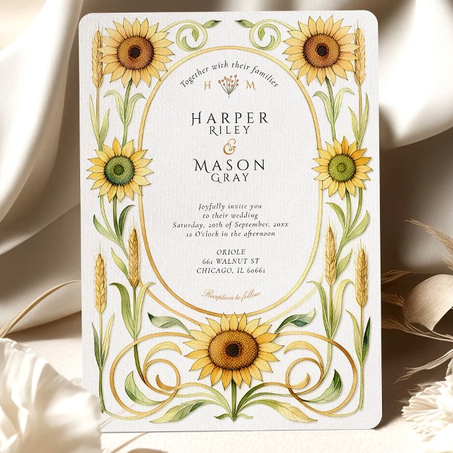 Invitación Elegante Art Nouveau Sunflower & Trieat Gold Boda (Subido por el creador)