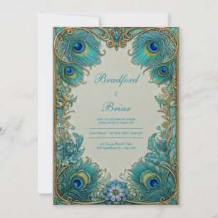 Invitación Elegante Art Nouveau Turquesa Pluma Dorada Boda