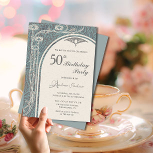 Invitación Elegante Art Nouveau Verde azulado y plateado Cump