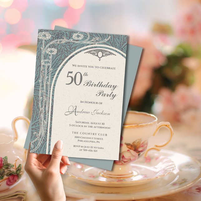 Invitación Elegante Art Nouveau Verde azulado y plateado Cump (Elegant Art Nouveau Teal & Silver Floral Birthday Invitation)