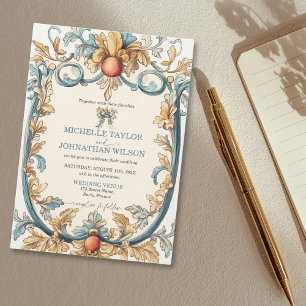 Invitación Elegante Art Nouveau Vintage Azul y Oro