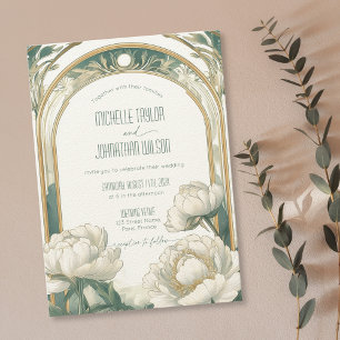 Invitación Elegante Art Nouveau White Peonies Mucha