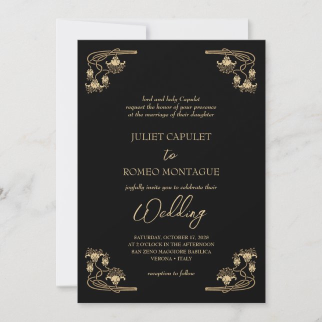 Invitación Elegante ArtDeco oro y negro boda tradicional I (Anverso)