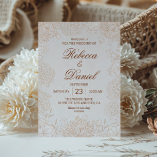 Invitación Elegante arte de línea floral beige para boda mini