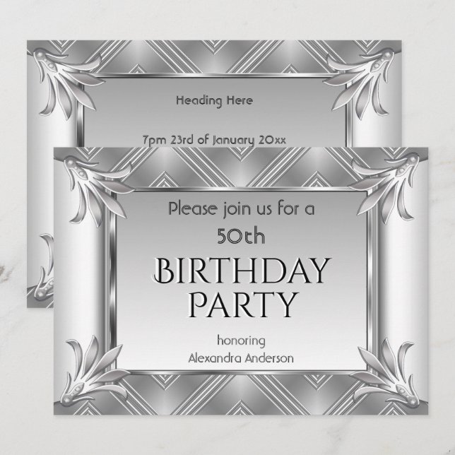 Invitación Elegante Arte Deco Cumpleaños Plata Cromo  (Anverso / Reverso)