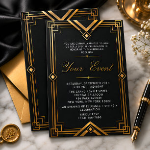 Invitación Elegante Arte Deco Negro y Dorado para Cualquier O