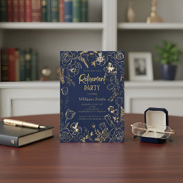 Invitación Elegante Arte Floral de Línea Dorada Azul Marino p