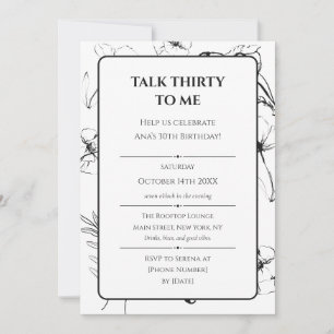 Invitación Elegante arte floral negro para cumpleaños 30