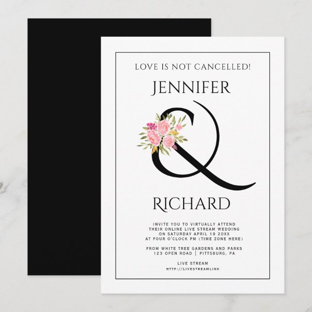 Invitación Elegante artista blanco negro y boda virtual (Anverso / Reverso)