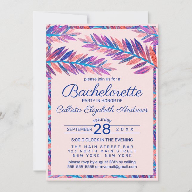 Invitación Elegante Artsy Tropical Leaves Bachelorette Acríli (Anverso)