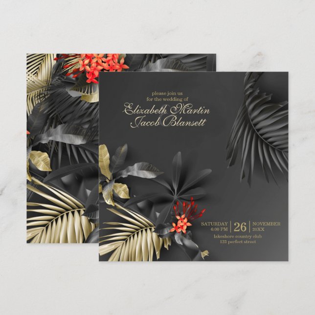 Invitación Elegante asimétrico Boda floral tropical oscuro (Anverso / Reverso)
