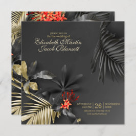 Invitación Elegante asimétrico Boda floral tropical oscuro