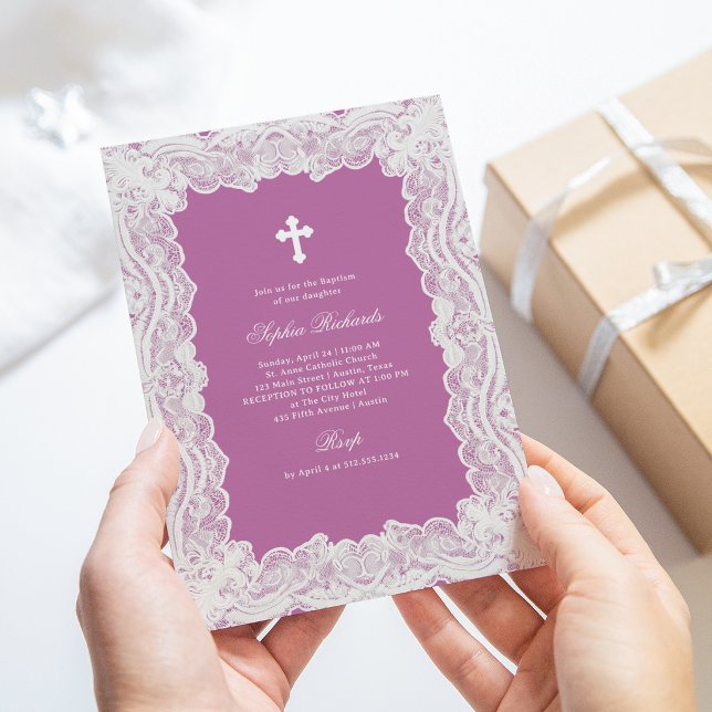 Invitación Elegante aspecto de encaje | Bautizo rosa con cruz (Subido por el creador)