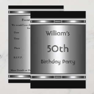 Invitación Elegante aspecto metálico plata negro 50 cumpleaño