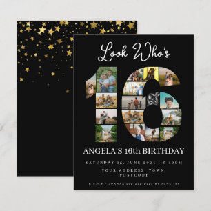 Invitación elegante aspecto negro cumple 16 Collage de Fotos