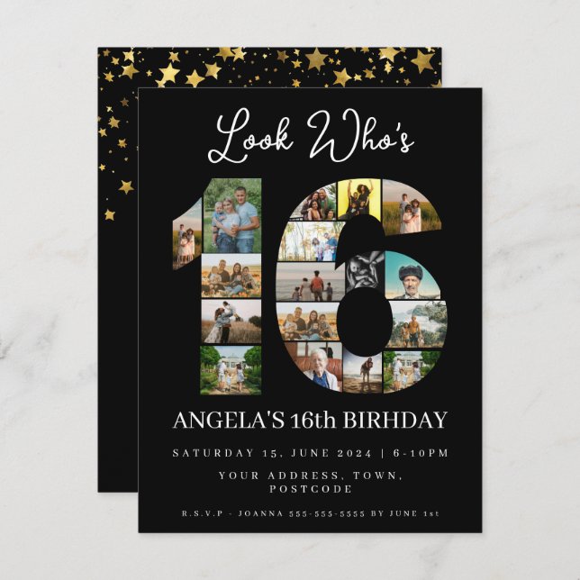 Invitación elegante aspecto negro cumple 16 Collage de Fotos (Anverso / Reverso)