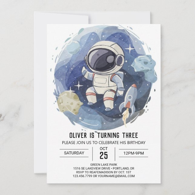 Invitación Elegante astronauta celeste editable cumpleaños (Anverso)