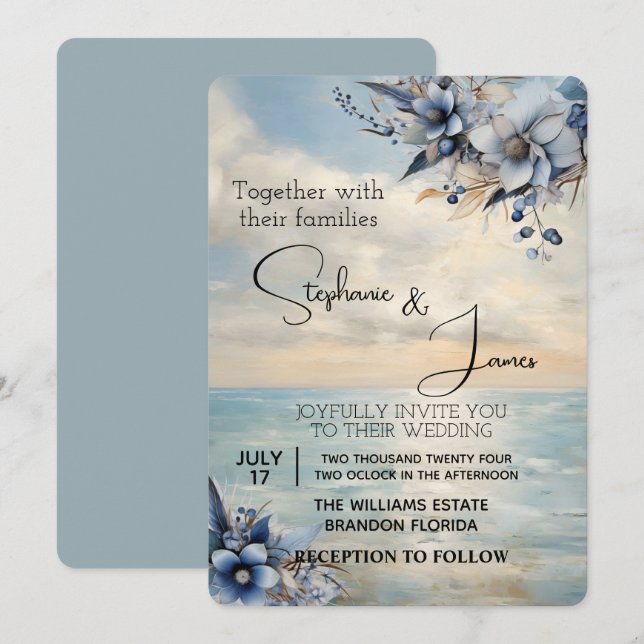 Invitación Elegante atardecer sutil y Boda floral (Anverso / Reverso)