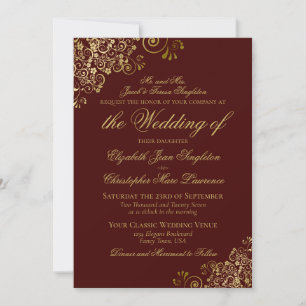 Invitación Elegante Auburn Brown y Boda formal con clase Gold