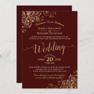 Invitación Elegante Auburn y Boda virtual Gold en vivo