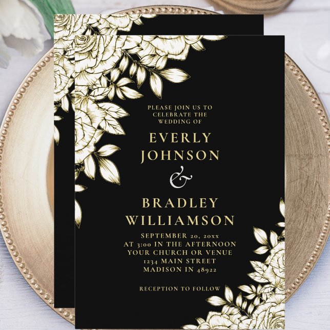 Invitación Elegante audaz Moda Black Gold Floral Photo Boda (Subido por el creador)