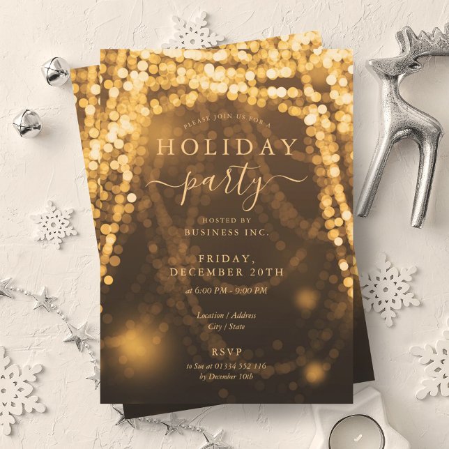 Invitación Elegante auricular de la Compañía de Oro Luces de  (Elegant Gold Company Holiday Party String Lights Invitation)