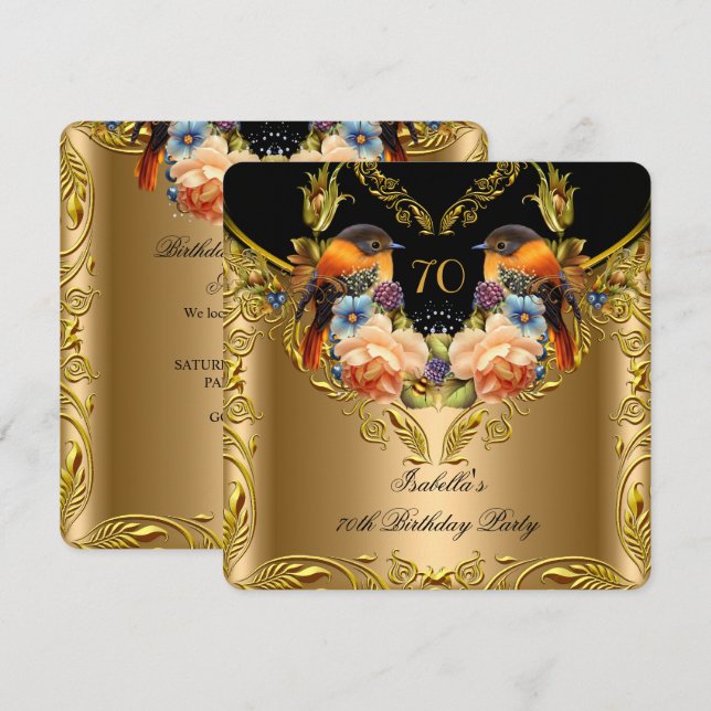 Invitación Elegante Ave Amarillo Oro Negro 70 cumpleaños (Anverso / Reverso)