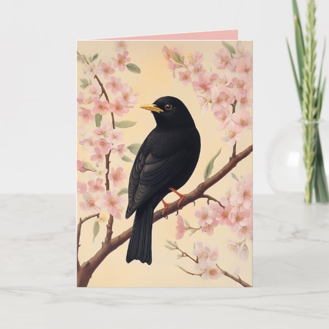 Invitación Elegante ave negra en flores (Anverso)