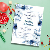 Elegante azul 16 años de colores florales de azul