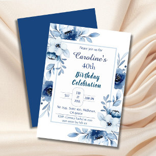 Invitación Elegante azul 40 años de colores florales de azul