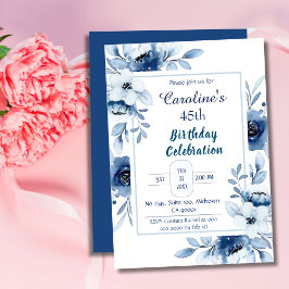 Invitación Elegante azul 45 años de colores florales de azul