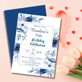 Invitación Elegante azul 70 cumpleaños estampados florales de