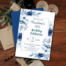 Invitación Elegante azul 75 años de colores florales de azul