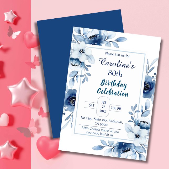 Invitación Elegante azul 80 cumpleaños estampados florales de (Subido por el creador)