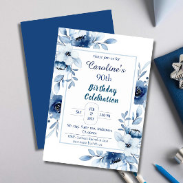 Invitación Elegante azul 90 cumpleaños estampados florales de