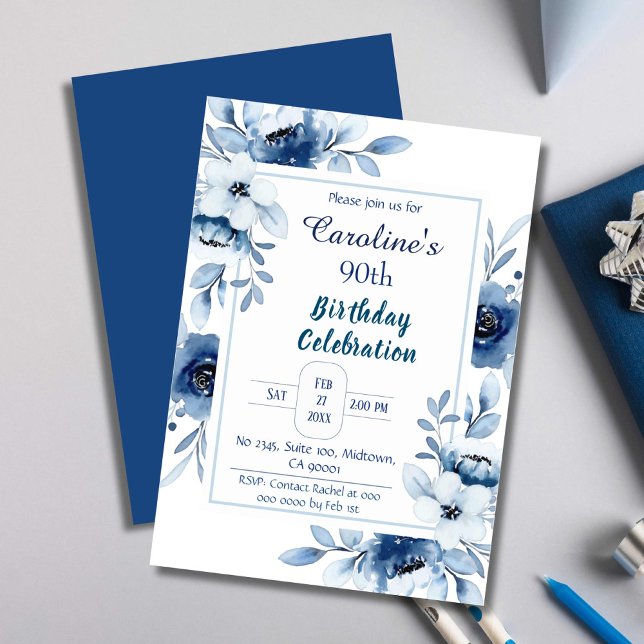 Invitación Elegante azul 90 cumpleaños estampados florales de (Subido por el creador)