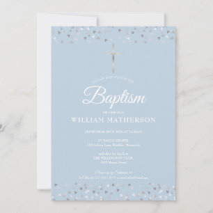 Invitación Elegante Azul Bautizo Christening Corazones de Pla