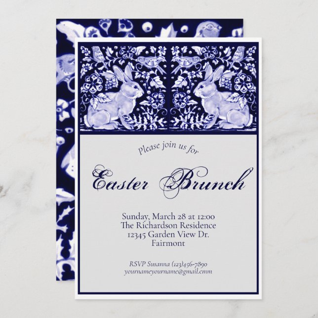 Invitación Elegante azul, blanco de brunch de brunch pájaros  (Anverso / Reverso)