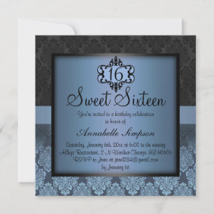 Invitación Elegante Azul Chic Damask Sweet16