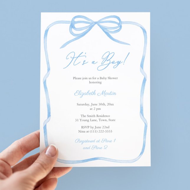 Invitación Elegante Azul Claro Bow Es Un Niño Fiesta De Baby  (It's A Boy! Classic blue and white baby shower party invitation featuring a watercolor ribbon bow)