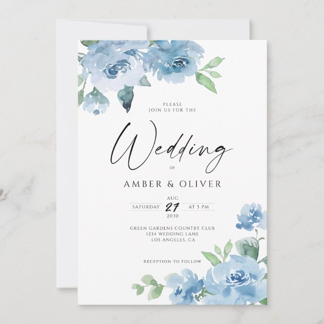 Invitación Elegante azul claro Floral Baby Blue Boho Boda (Anverso)