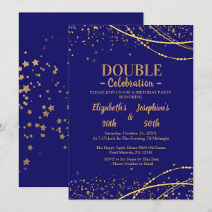 Invitación Elegante azul con estrellas de oro doble cumpleaño
